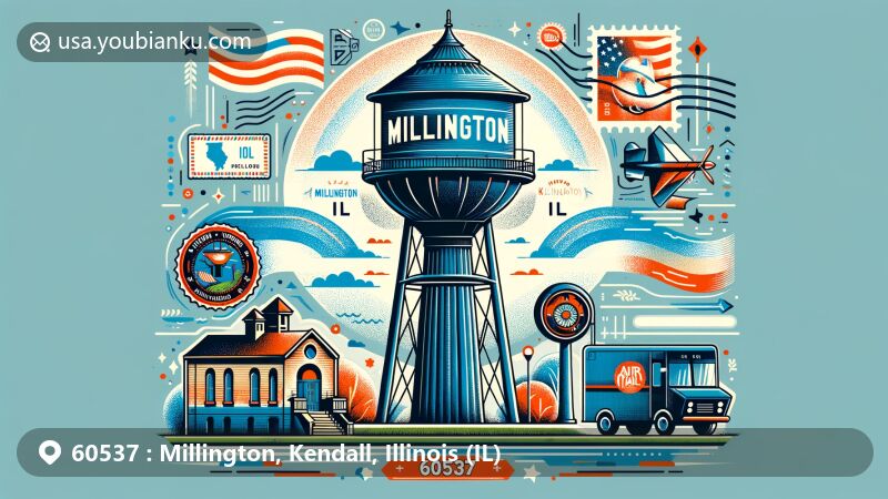 Creative illustration of Millington, Kendall County, Illinois, featuring historic water tower and postal theme with ZIP code 60537, incorporating state flag and vintage postal elements.