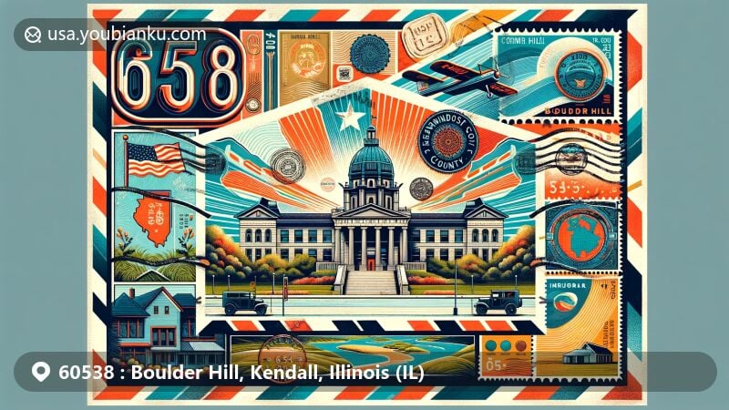 Creative and modern illustration of Boulder Hill area representing ZIP code 60538, designed in the form of an airmail envelope. The artwork features vibrant and artistic Kendall County Courthouse and Farnsworth House in the top left corner, emphasizing the historical significance of the region. The background showcases a detailed map of Boulder Hill, highlighting its proximity to Fox River and Aurora. In the center of the envelope, the '60538' ZIP code is prominently displayed in large, stylized numbers. Below the ZIP code, there is a series of stamps depicting iconic symbols of Illinois, such as the state flag and famous local landmarks. On the right side of the envelope, there is a vintage-style postmark indicating the date and location. The overall composition is vibrant and colorful, suitable for modern web placement while maintaining the charm of classic postal aesthetics.