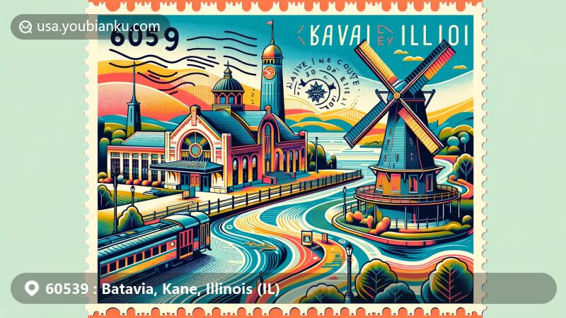 Modern illustration of Batavia, Kane County, Illinois, presenting Batavia Depot Museum, Fabyan Windmill, and Batavia Riverwalk, embodying history, architecture, and natural beauty in a postcard-style design.