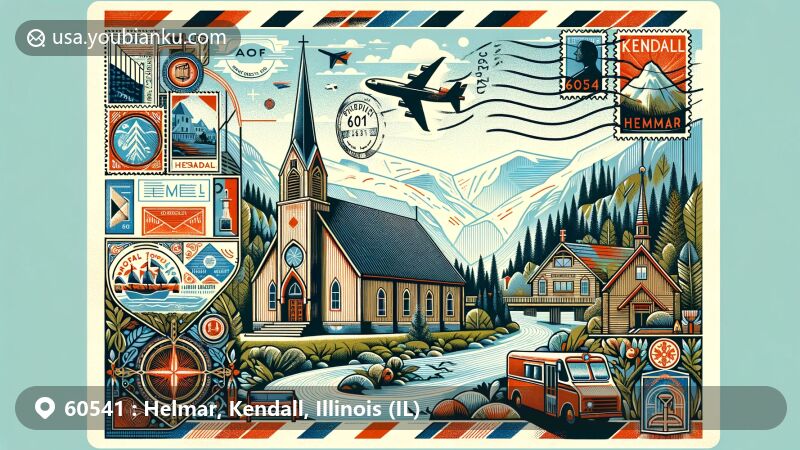 Modern illustration of Helmar, Kendall, Illinois, with a vintage-style airmail envelope showcasing postal theme elements and ZIP code 60541, featuring Helmar Lutheran Church and natural beauty of Kendall County.