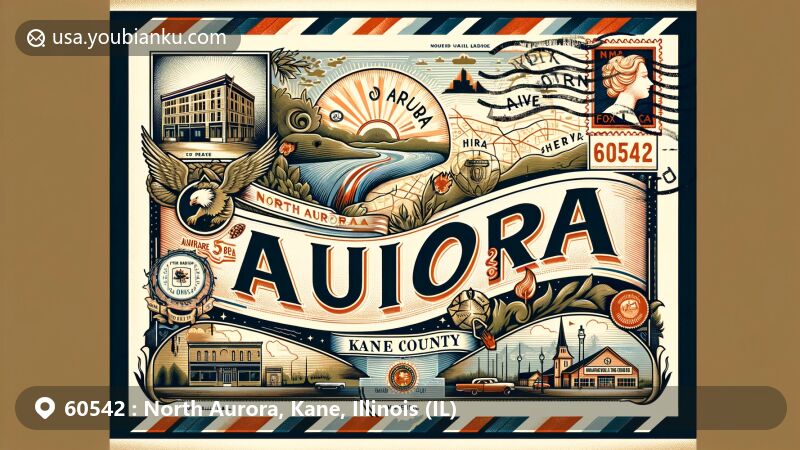 Vintage-style illustration of North Aurora, IL 60542, featuring air mail envelope with ZIP Code, Fox River, Fox Valley Mall, Old Second National Bank, and Illinois state symbols.