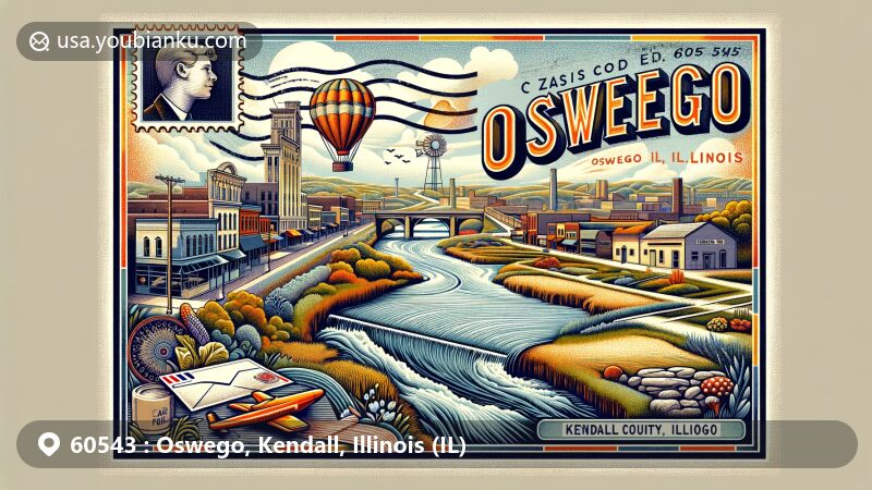 Modern illustration of Oswego, Kendall County, Illinois, representing postal theme with ZIP code 60543, showcasing Fox River and downtown area.
