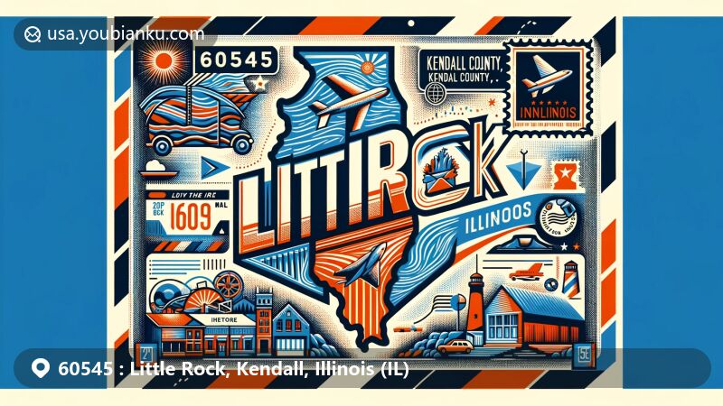 Modern illustration of Little Rock, Kendall County, Illinois, embodying postal theme with ZIP code 60545, showcasing the Illinois map with Kendall County highlighted, incorporating iconic landmarks of Little Rock, Illinois, enhanced with postal elements like a postage stamp and airmail border.