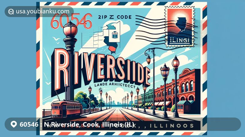 Modern illustration of N Riverside, Cook, Illinois, highlighting postal theme with ZIP code 60546, featuring National Historic Landmark of Riverside Landscape Architecture District and Illinois state symbols.