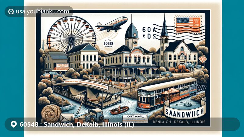 Modern illustration of the Sandwich area, DeKalb County, Illinois, inspired by ZIP code 60548, featuring Sandwich Fair, DeKalb County Courthouse, Sandwich Stone Mill Museum, Fox River, and postal elements.