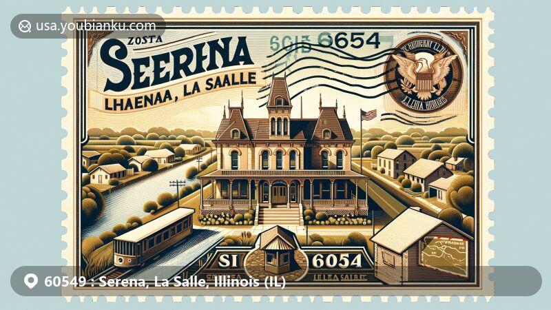 Modern illustration of Serena, La Salle County, Illinois, highlighting postal theme with ZIP code 60549, featuring Hegeler Carus Mansion, serene countryside, and I&M Canal elements.