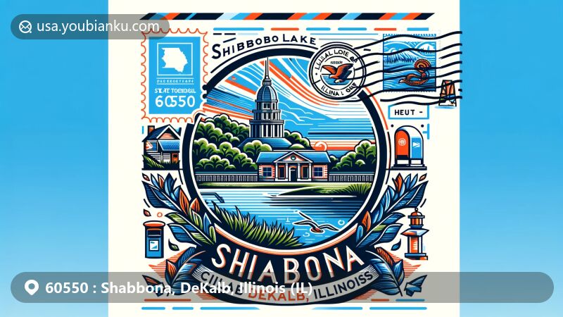 Creative depiction of Shabbona, DeKalb, Illinois, highlighting ZIP code 60550, featuring state flag, DeKalb County outline, and scenic Shabbona Lake State Recreation Area.
