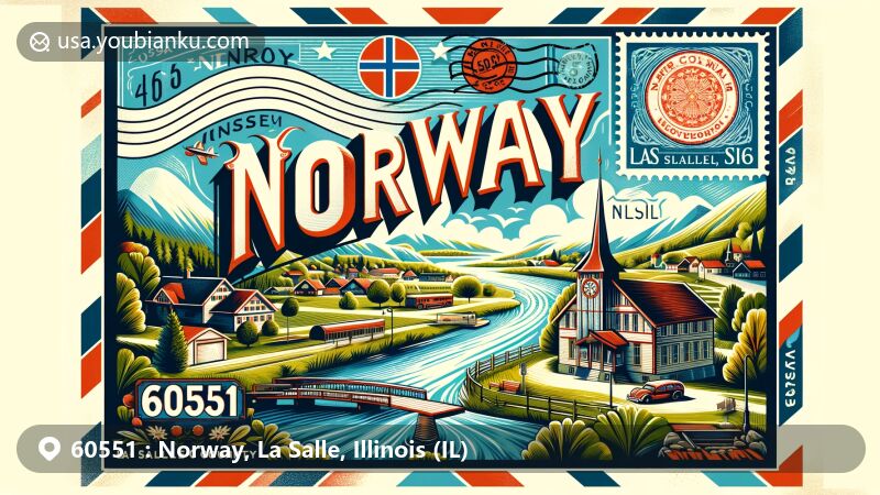 Modern illustration of ZIP code 60551, representing Norway in La Salle County, Illinois, blending regional and cultural elements with Norwegian influences like Norsk Museum replica. Landscape features Fox River, postal elements like vintage stamp, 'Norway, IL' ink stamp, airmail border.