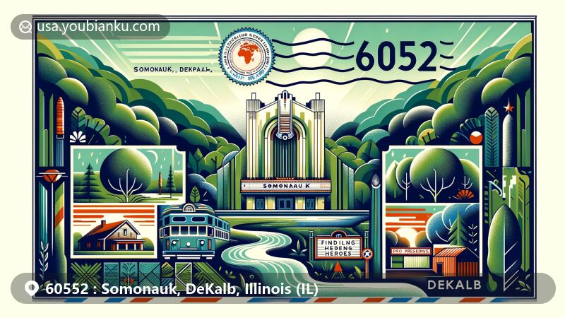 Modern illustration of Somonauk, DeKalb County, Illinois, styled as an airmail envelope with ZIP code 60552, featuring Sannauk Forest Preserve, Egyptian Theatre, and Finding Heroes Park.