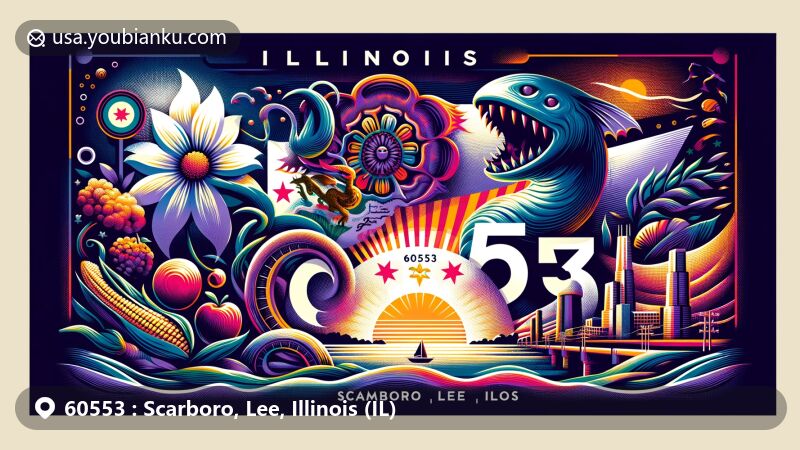 Modern illustration of Scarboro, Lee, Illinois, displaying vibrant postcard format with ZIP code 60553, featuring state symbols like flag, violet flower, Tully Monster, corn, and GoldRush apple.