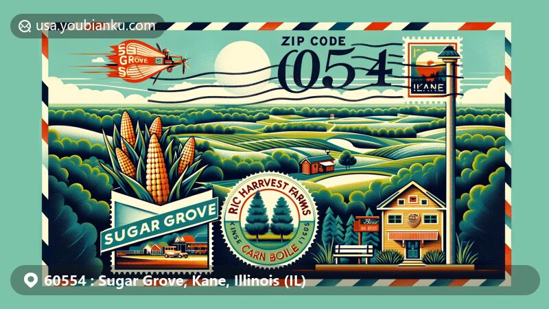 Modern illustration of Sugar Grove, Kane County, Illinois, showcasing postal theme with ZIP code 60554, featuring Rich Harvest Farms, Bliss Woods Forest Preserve, and Sugar Grove Corn Boil.