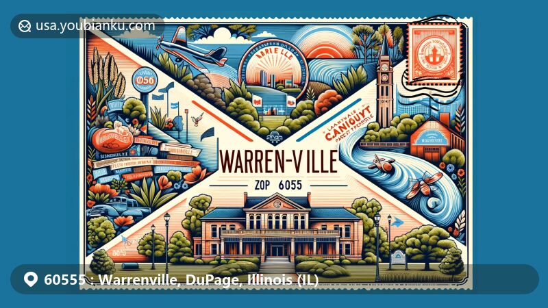 Modern illustration of Warrenville, DuPage County, Illinois, featuring a decorative airmail envelope showcasing ZIP code 60555, including Cantigny Park, Danada Forest Preserve, Warrenville Grove, and the historic Albright Building.
