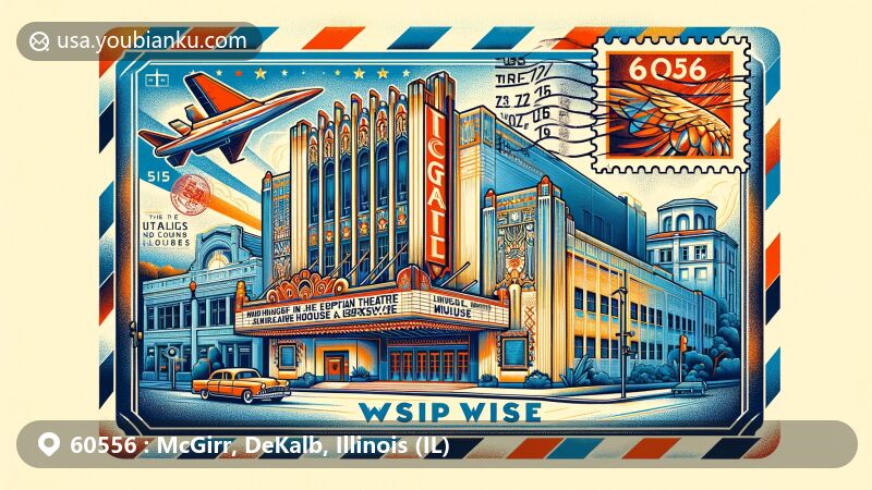 Modern illustration of McGirr area in DeKalb County, Illinois, designed as vintage airmail envelope with postal elements and iconic landmarks like Egyptian Theatre and Ellwood House Museum.