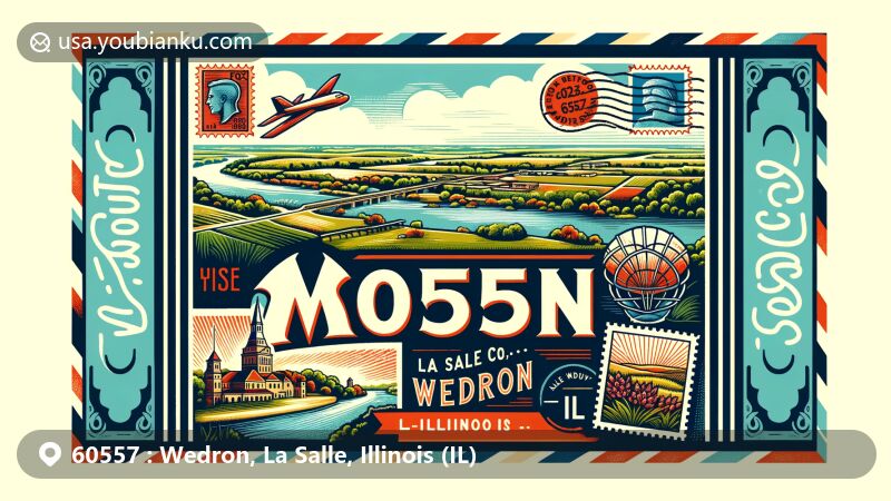 Modern illustration of Wedron, La Salle County, Illinois, featuring 60557 ZIP code and iconic elements like Fox River, Wedron Mounds, and scenic Illinois landscapes.