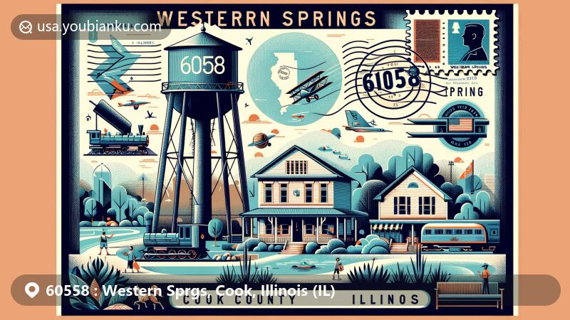 Modern illustration of Western Springs, Cook County, Illinois, showcasing postal theme with ZIP code 60558, featuring the iconic Water Tower and lush greenery.