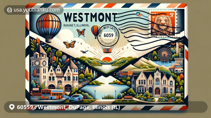 Creative illustration of Westmont, DuPage County, Illinois, designed as an airmail envelope featuring Ty Warner Park, Enchanted Castle, Willowbrook Wildlife Center, Graue Mill & Museum, Morton Arboretum, and DuPage County map with Illinois state flag stamp.