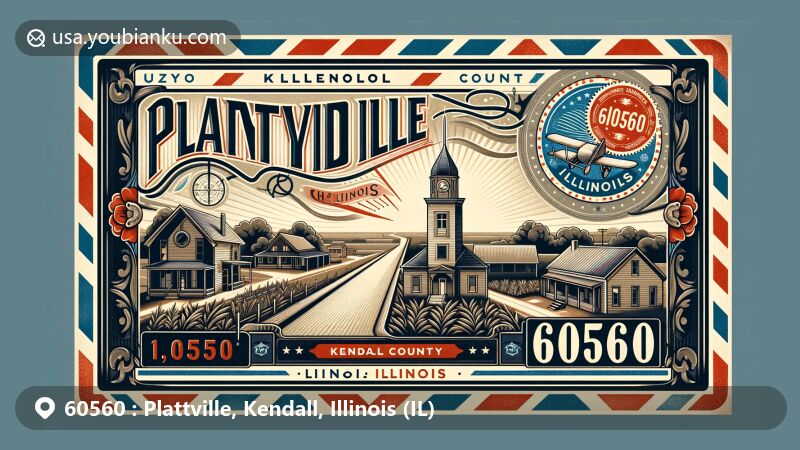 Modern illustration of Plattville, Kendall County, Illinois, with vintage airmail envelope featuring ZIP code 60560, showcasing small-town charm with houses and open landscapes under a clear sky.