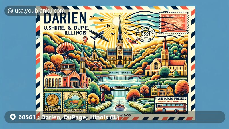 Modern illustration of Darien, DuPage County, Illinois, resembling a vintage postcard or air mail envelope, showcasing the National Shrine & Museum of St. Therese, Miskatonic Brewing Company, Waterfall Glen Forest Preserve, Oldfield Oaks County Forest Preserve, and postal elements with ZIP code 60561.