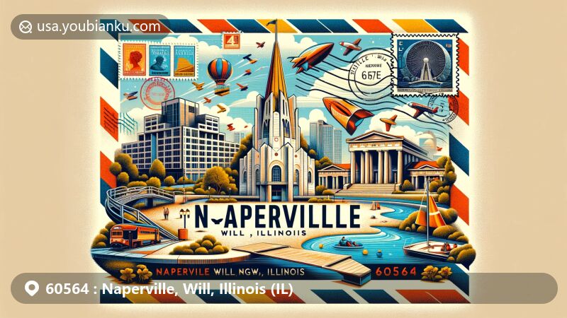 Modern illustration of Naperville, Will, Illinois, showcasing postal theme with ZIP code 60564, featuring landmarks like Naperville Riverwalk, Naper Settlement, Moser Tower, and Centennial Beach.
