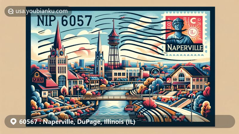 Modern illustration of Naperville, DuPage, Illinois, highlighting iconic landmarks like Moser Tower, Millennium Carillon, Riverwalk, and Naper Settlement. Integrated with postal elements including vintage stamp, Illinois state flag, and ZIP code 60567.