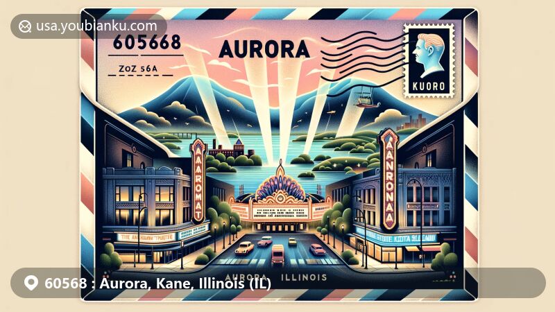 Modern illustration of Aurora, Kane, Illinois, featuring vintage air mail envelope design with iconic landmarks like Paramount Theater and Stolp Island, capturing lively culture and 'City of Lights' theme.