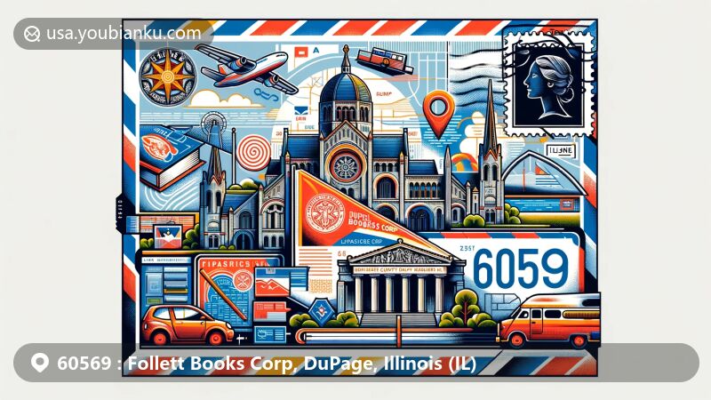 Modern illustration of Follett Books Corp in DuPage County, Illinois, highlighting a postal theme with state flag, map of DuPage County, DuPage County Historical Museum, and ZIP code 60569.