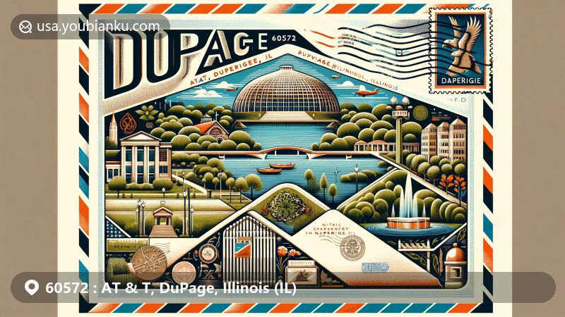 Modern illustration of DuPage County, Illinois, representing ZIP code 60572 and showcasing regional features like The Morton Arboretum, Riverwalk in Naperville, and Cantigny Park.