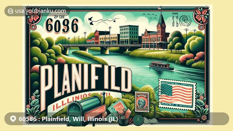 Modern illustration of Plainfield, Will County, Illinois, featuring vintage postcard with DuPage River view, showcasing Downtown Plainfield Historic District and postal symbols with ZIP code 60586.