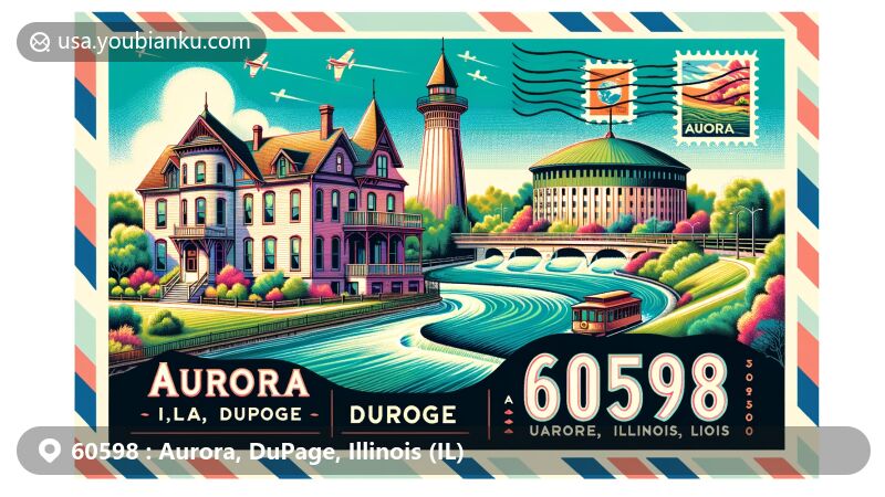 Vibrant illustration of Aurora, DuPage County, Illinois, portraying Tanner House and Two Brothers Roundhouse, alongside Fox River and cityscape, with air mail envelope border and Illinois state flag stamp.