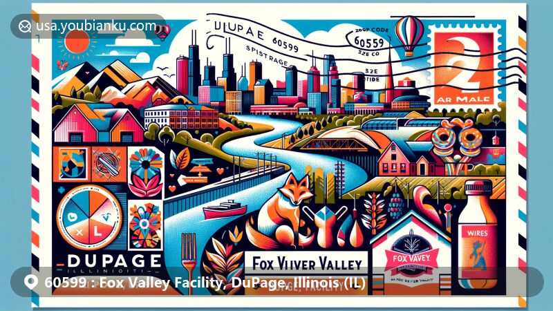 Modern illustration of Fox Valley Facility in DuPage County, Illinois, showcasing vibrant local landmarks and cultural elements of the Fox River Valley, including arts, museums, nature trails like Fox River Trail, and symbols of DuPage County.