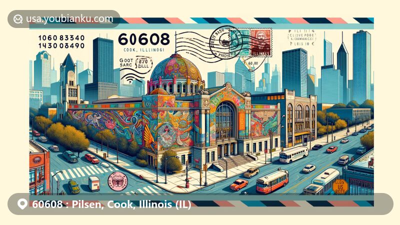 Modern illustration of Pilsen, Cook County, Illinois, showcasing postal theme with ZIP code 60608, featuring the National Museum of Mexican Art, 16th Street Murals, and vibrant street art scene.