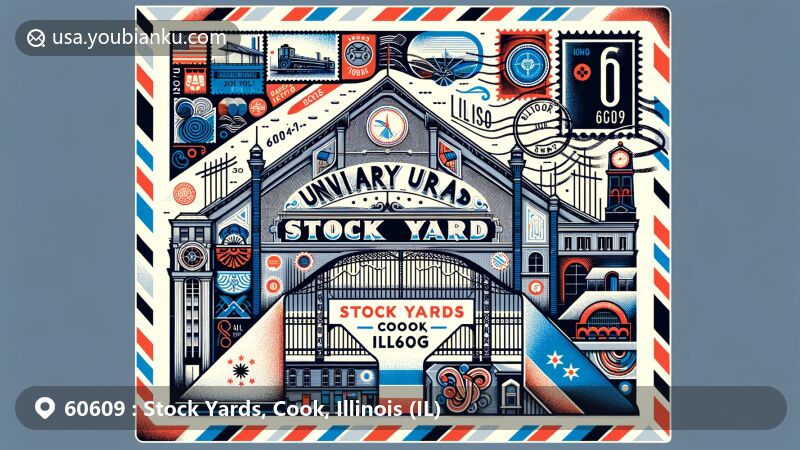 Modern illustration of Stock Yards area in Cook County, Illinois, with a creative air mail envelope design showcasing landmarks like Union Stock Yard Gate and Illinois state flag, reflecting local heritage and postal theme with ZIP code 60609.