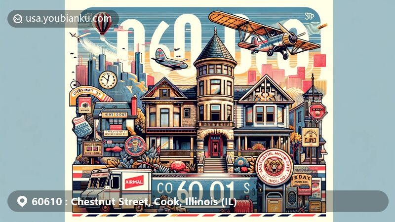 Modern illustration of Chestnut Street in Cook County, Illinois, inspired by ZIP code 60610, showcasing postal theme with landmarks like Nathaniel Moore Banta House and vibrant River North district.