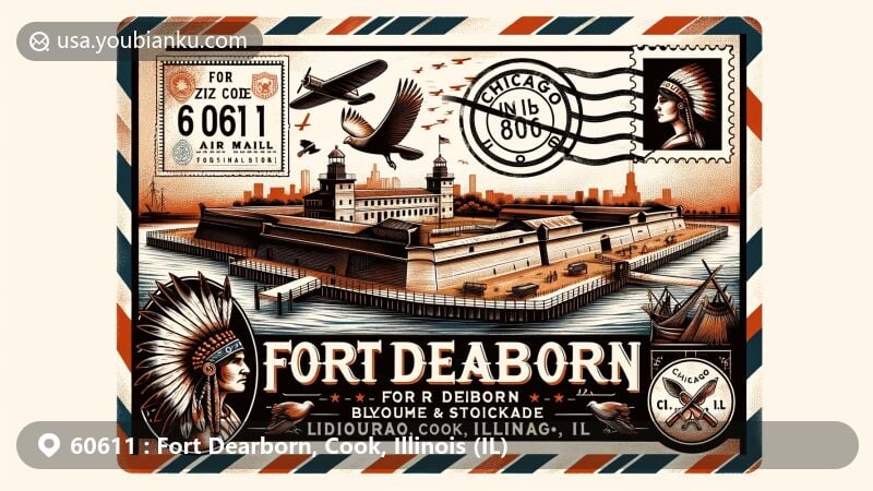 Vintage illustration of Fort Dearborn in Cook County, Illinois, depicted as airmail envelope with ZIP code 60611, featuring iconic symbols of the fort and Potawatomi Indian.