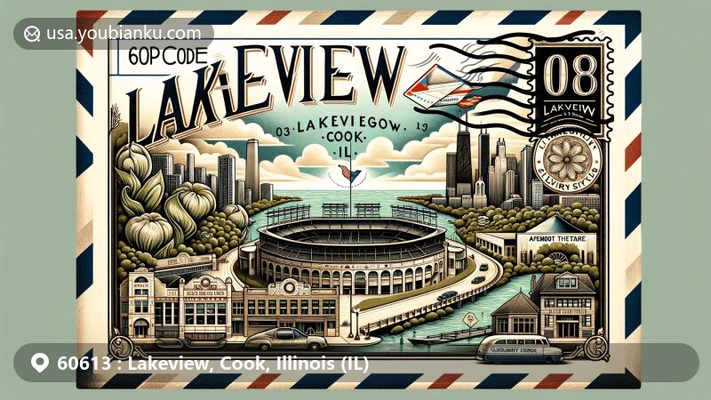 Modern illustration of Lakeview, Cook County, Illinois, inspired by vintage airmail envelope design, featuring Wrigley Field, Athenaeum Theatre, Music Box Theatre, and Belmont Harbor. Includes nods to celery-growing history and Chicago skyline.