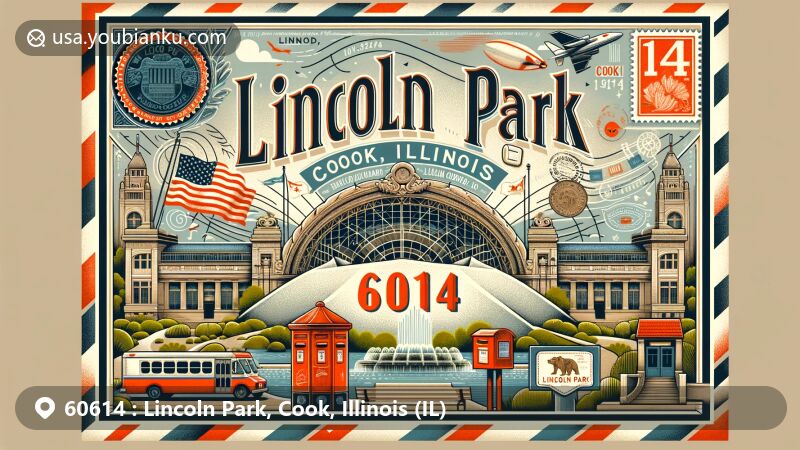 Modern illustration of ZIP code 60614 for Lincoln Park, Cook, Illinois, featuring vintage airmail envelope with Illinois state flag stamp and local landmarks like Lincoln Park Zoo and Chicago History Museum.