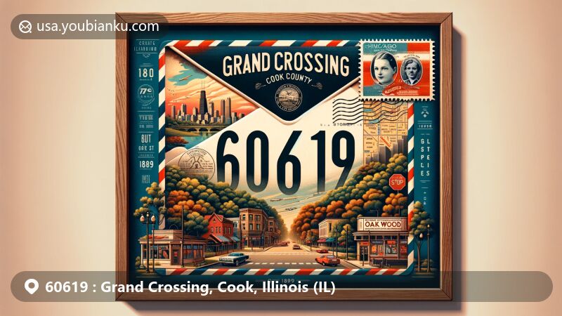 Modern illustration of Grand Crossing, Cook County, Illinois, featuring vintage airmail envelope with bold ZIP code 60619, showcasing Oak Woods Cemetery, 75th Street commercial district, and tribute to railroad heritage.