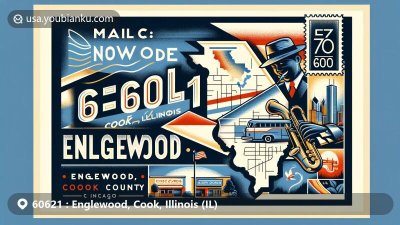 Modern illustration of Englewood, Cook, Illinois, combining vintage air mail envelope and postcard elements, featuring ZIP code 60621, stylized map of Illinois, Englewood Jazz Festival, and jazz musician playing saxophone.