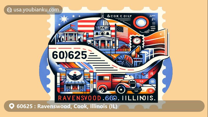 Modern illustration of Ravenswood, Cook County, Illinois, showcasing postal theme with ZIP code 60625, featuring local landmarks, cultural elements, and Illinois state flag.