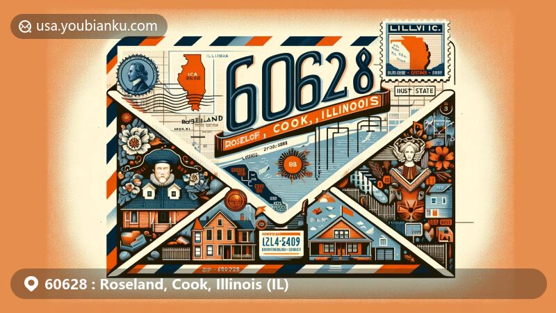 Modern illustration of Roseland, Cook, Illinois, with vintage airmail envelope featuring ZIP code 60628, showcasing Dutch settlers and historic Lilydale area, highlighting Roseland's heritage.
