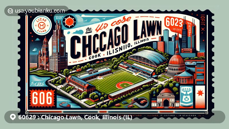 Modern illustration of Chicago Lawn, Cook County, Illinois, featuring Marquette Park, The Field Museum, and The Art Institute of Chicago, stylized as a vintage airmail envelope with classic postal elements for ZIP code 60629.