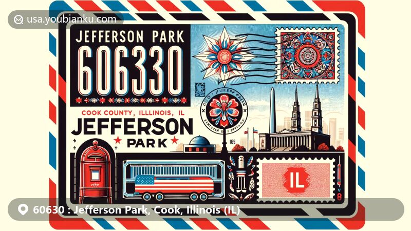 Modern illustration of Jefferson Park, Cook County, Illinois, styled as an airmail envelope with ZIP code 60630, featuring Illinois state flag, Copernicus Center, and Polish-American cultural elements.