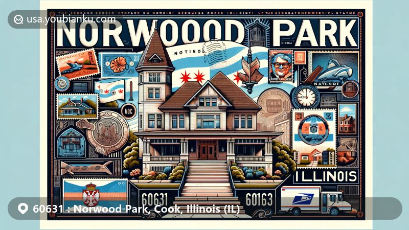 Modern illustration of Norwood Park, Cook, Illinois, showcasing postal theme with ZIP code 60631, featuring Noble-Seymour-Crippen House and Serbian-American cultural symbols.