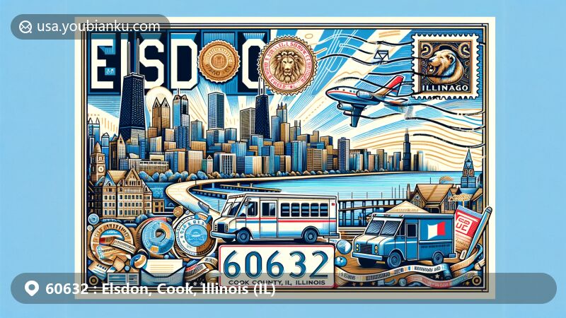 Modern illustration of Elsdon, Cook County, Illinois, inspired by postal theme for ZIP code 60632, showcasing Chicago cityscape with iconic landmarks. Features vintage postage elements and colors of Illinois state flag.
