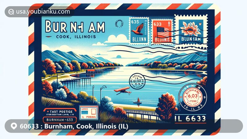 Modern illustration of Burnham, Cook County, Illinois, showcasing picturesque view of Powderhorn Lake, a prominent natural landmark, designed as colorful postcard with airmail envelope style and postal elements like Illinois state flag stamps and Burnham postmark.