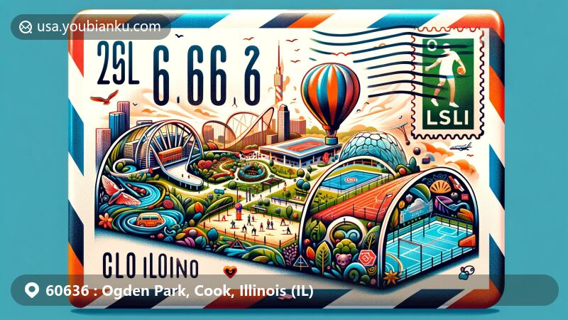 Modern illustration of Ogden Park, Cook, Illinois, creatively blending postal theme with ZIP code 60636, featuring representative landscapes like nature garden, playground, sports fields, and swimming pool.