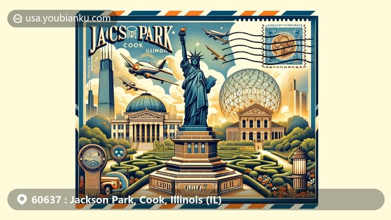 Modern illustration of Jackson Park, Cook County, Illinois, showcasing postal theme with ZIP code 60637, featuring Statue of The Republic, Museum of Science and Industry, Robie House, Japanese Garden, and Illinois state symbols.