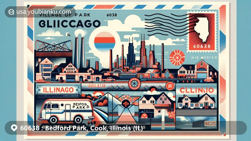Modern wide-format postcard illustration of Bedford Park, Cook County, Illinois, showcasing industrial character and diverse cultural heritage, with nod to Polish, Irish, German, and Italian influences.