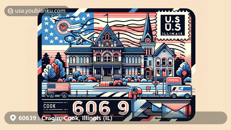 Colorful illustration of Cragin, Cook County, Illinois, inspired by U.S. ZIP code 60639, showcasing state flag, Cook County map, and postal elements like stamp, postmark, mailbox, and postal truck.