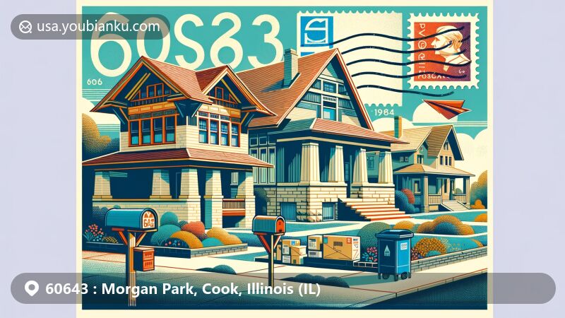 Modern illustration of Morgan Park, Cook County, Illinois, highlighting ZIP code 60643, featuring Prairie School architecture by Walter Burley Griffin, known for horizontal lines, flat roofs, and overhanging eaves.